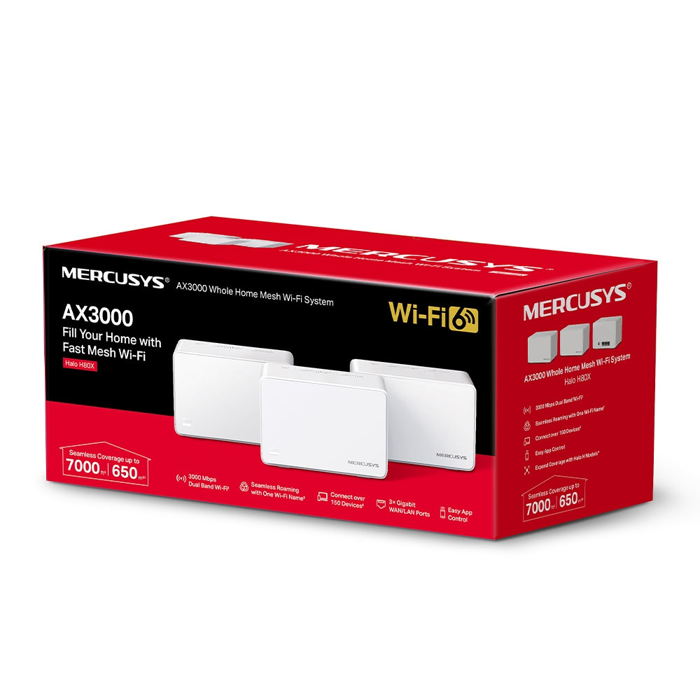 MERCUSYS Halo H80X AX3000 3000 Mbps Whole Home Mesh WiFi 6 System | 3× Gigabit ports | MU-MIMO OFDMA | Seamless Roaming MERCUSYS Halo H80X AX3000 3000 Mbps Whole Home Mesh WiFi 6 System | 3× Gigabit ports | MU-MIMO OFDMA | Seamless Roaming